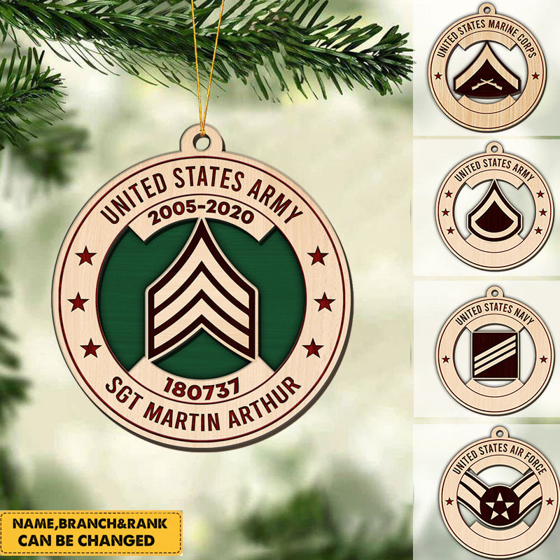 Christmas Layered Wooden Ornament - Military Green Ornament - Custom Rank, Name, Enlistment Time, Service Number