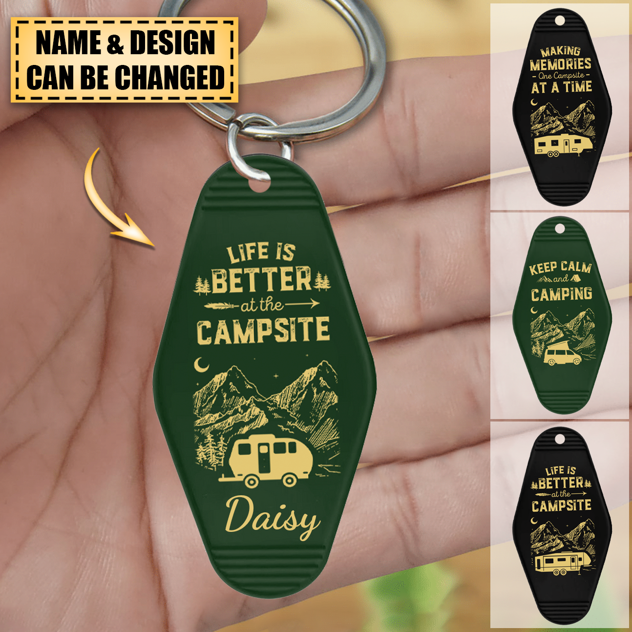 Happy camper caravan trailer park at twilight keychain