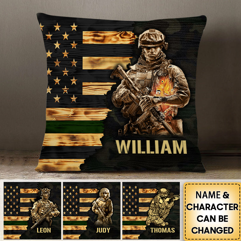 Personalized Name Half Thin Green Line Soldier Veteran Pillow For Veterans