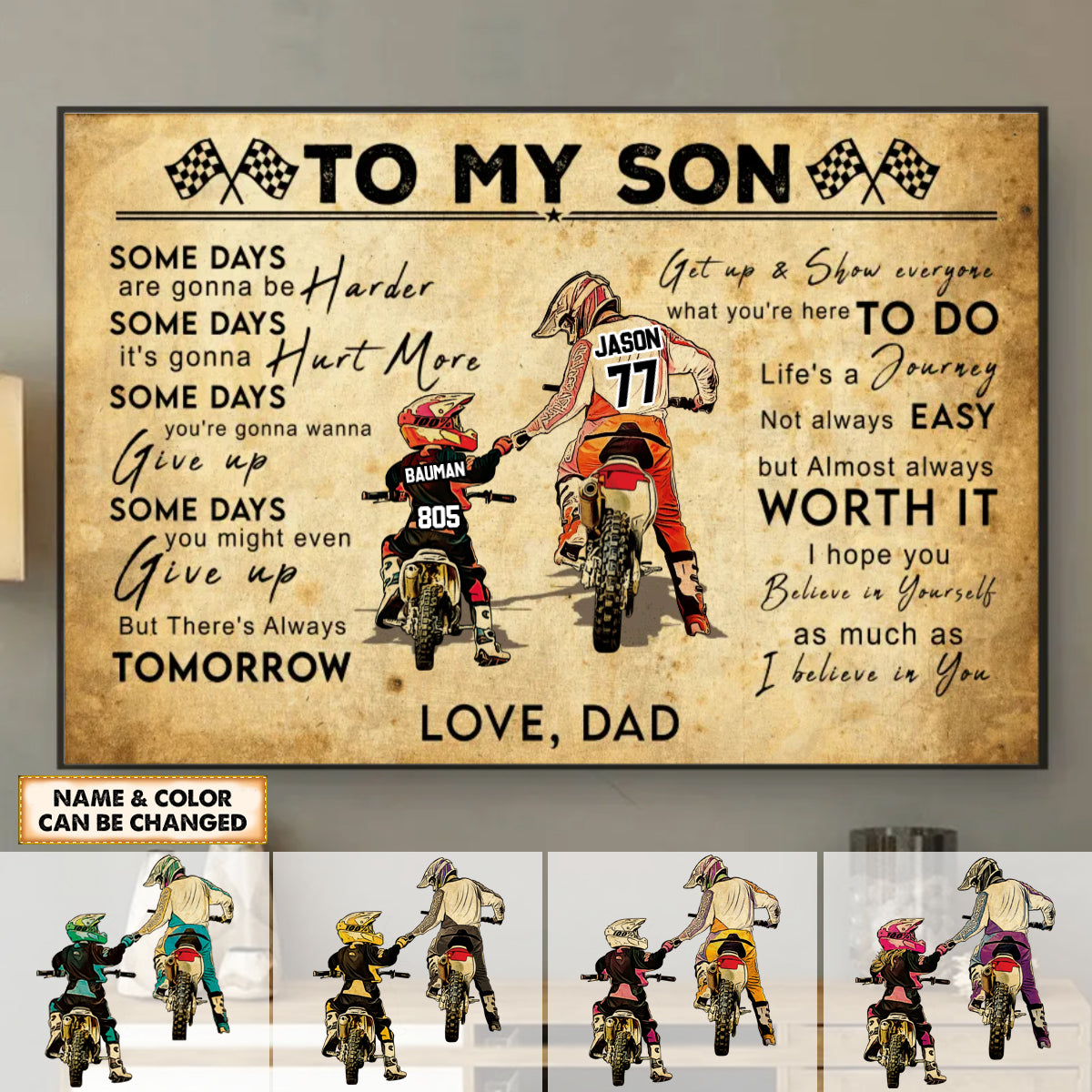 Custom Personalized Motocross Poster Canvas with custom Name, Number & Appearance, Vintage Dirt Bike Dad And Daughter & Son