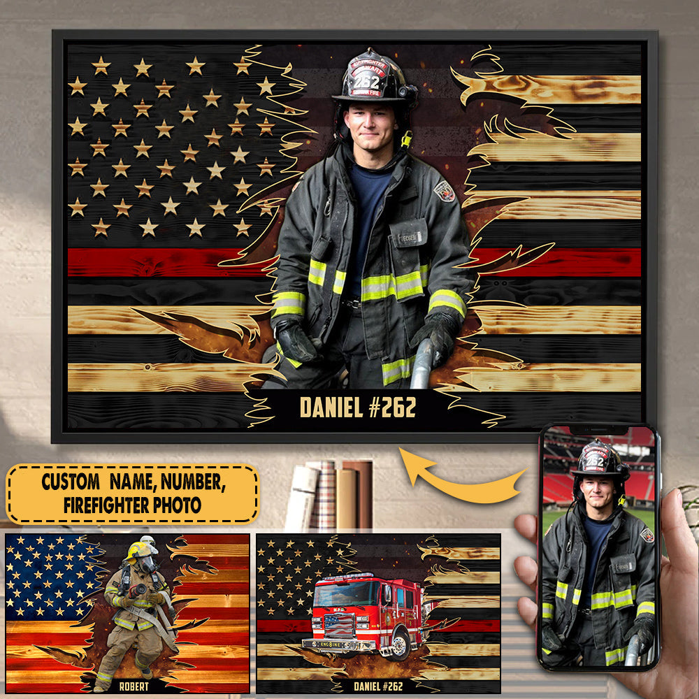 Personalized Poster Canvas For Firefighter Custom Logo Name Number and Photo Fireman Half Thin Red Line Fireman