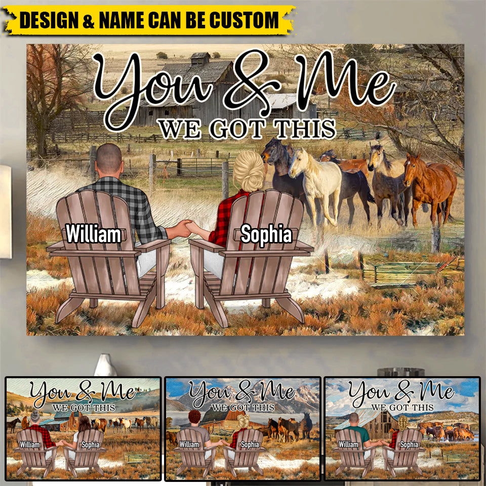 PERSONALIZED BACK VIEW COUPLE SITTING FARM LANDSCAPE AND HORSE YOU & ME WE GOT THIS POSTER