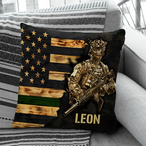 Personalized Name Half Thin Green Line Soldier Veteran Pillow For Veterans