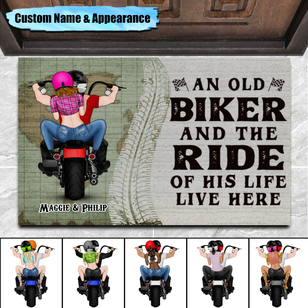 An Old Biker And The Ride Of His Life Live Here - Personalized Gifts Custom Motorcycle Doormat For Couples, Motorcycle Lovers