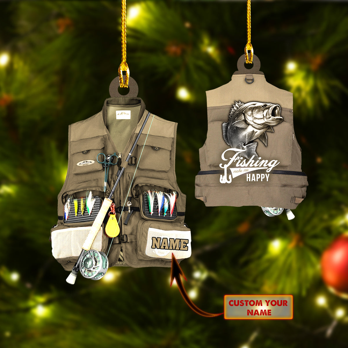 Personalized Christmas Fishing Vest Ornament for Fishing Lovers