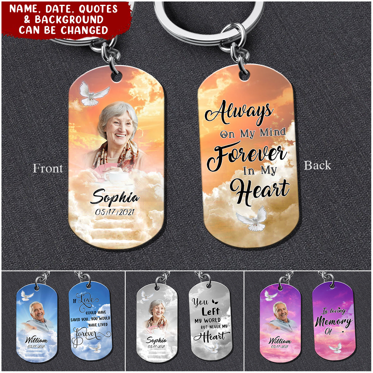 PERSONALIZED ALWAYS ON MY MIND FOREVER IN MY HEART MEMORIAL DOG TAG KEYCHAIN