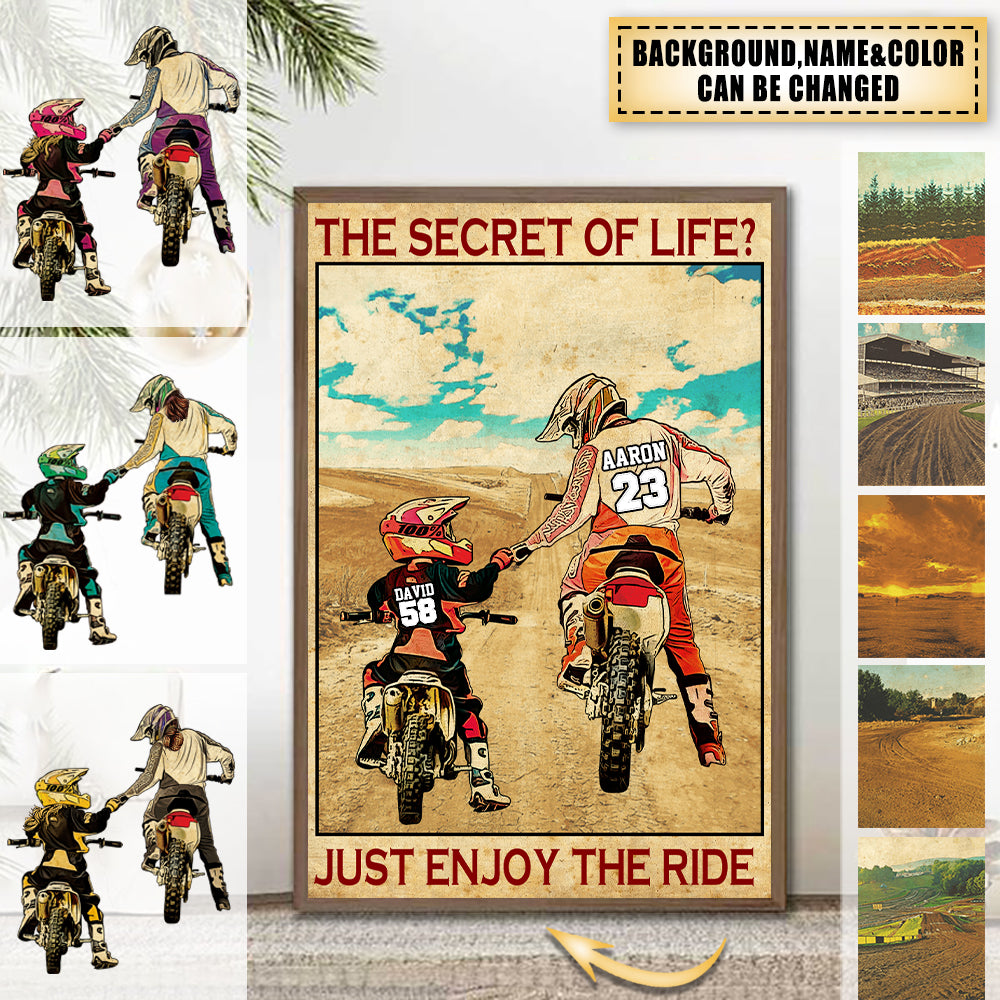 Custom personalized motocross poster with custom name, number and landscape on canvas, vintage style motocross,Dad & Mom And Daughter & Son,